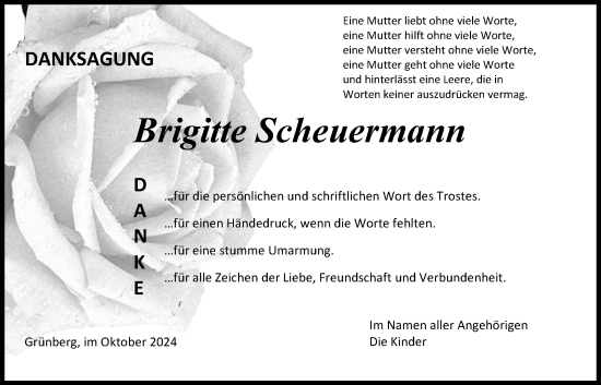 Traueranzeige von Brigitte Scheuermann von Giessener Allgemeine, Alsfelder Allgemeine, Heimatzeitung Grünberg + Laubach