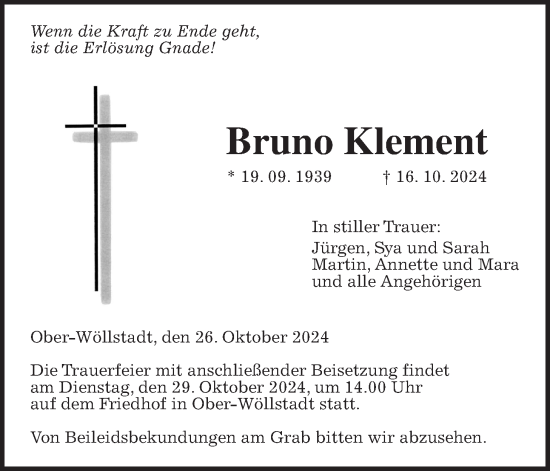 Traueranzeige von Bruno Klement von Wetterauer Zeitung