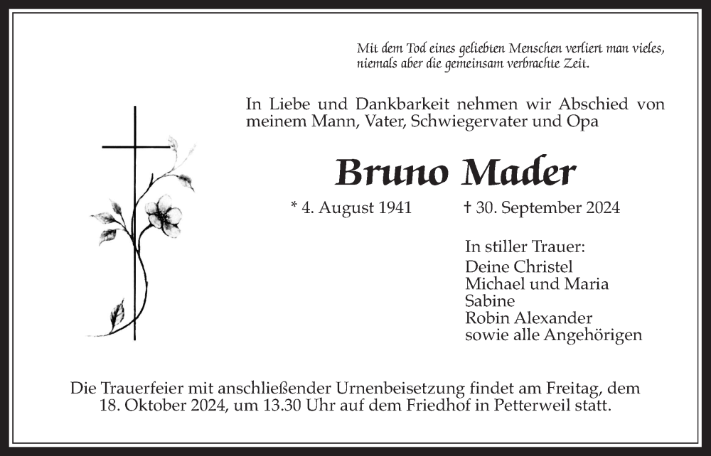  Traueranzeige für Bruno Mader vom 10.10.2024 aus Bad Vilbel/Karben