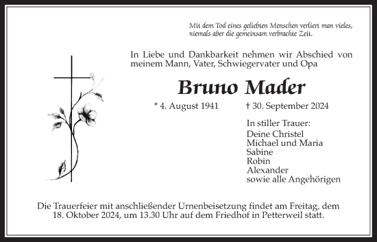 Traueranzeige von Bruno Mader von Wetterauer Zeitung