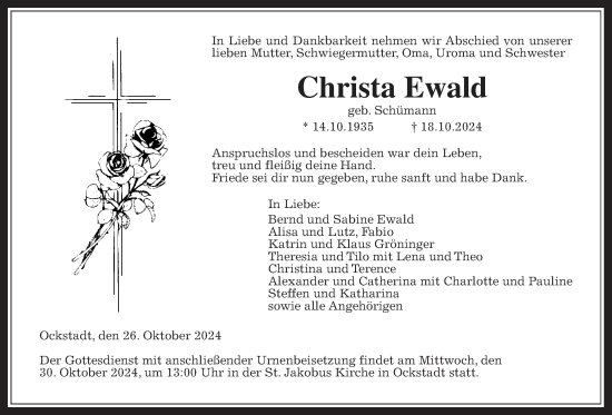 Traueranzeige von Christa Ewald von Wetterauer Zeitung