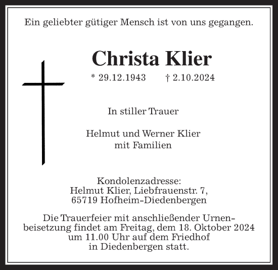 Traueranzeige von Christa Klier 