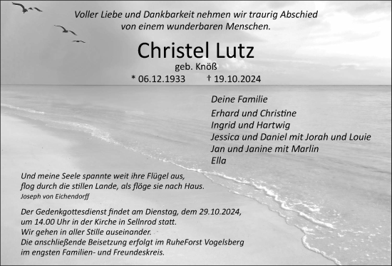 Traueranzeige von Christel Lutz von Giessener Allgemeine, Alsfelder Allgemeine