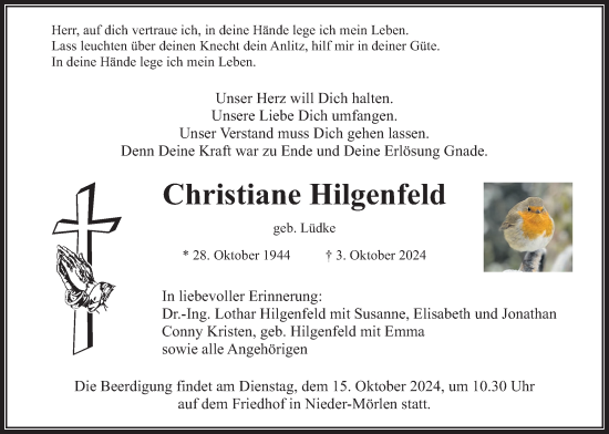 Traueranzeige von Christiane Hilgenfeld von Wetterauer Zeitung