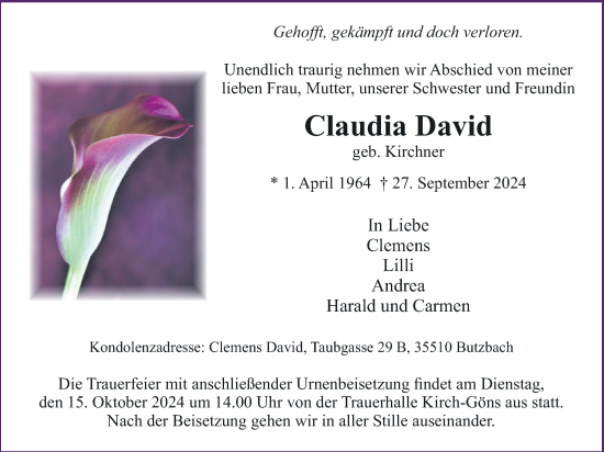Traueranzeige von Claudia David von Butzbacher Zeitung