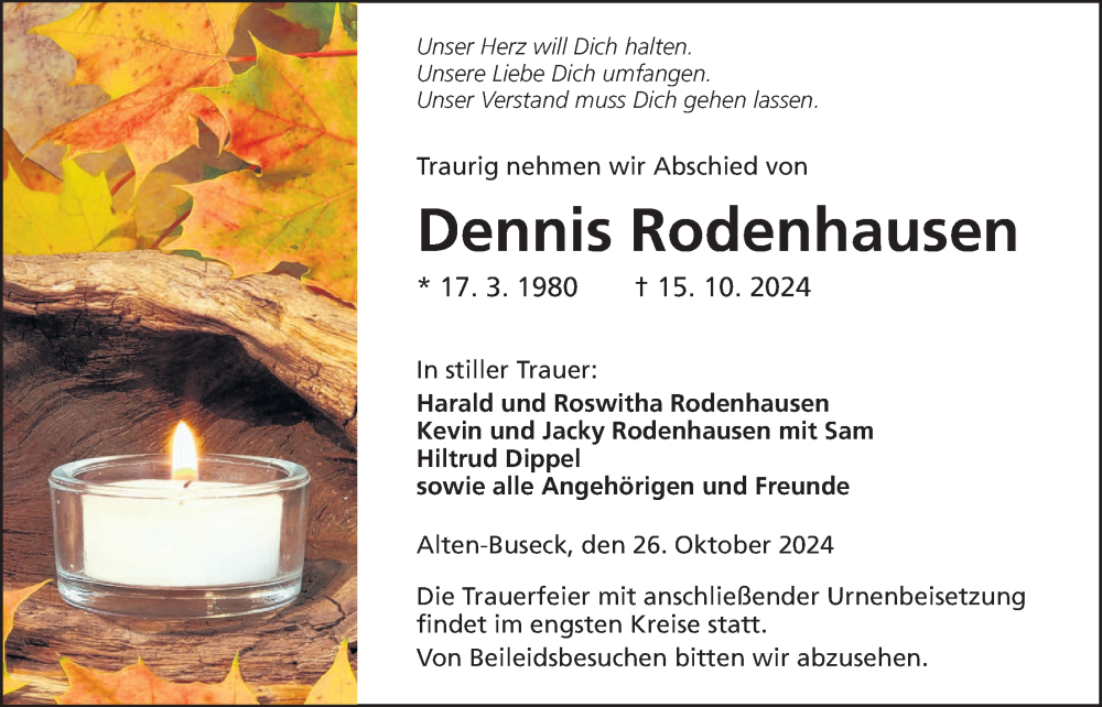  Traueranzeige für Dennis Rodenhausen vom 26.10.2024 aus Giessener Allgemeine, Alsfelder Allgemeine