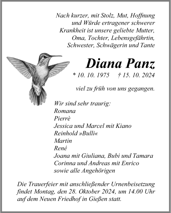 Traueranzeige von Diana Panz von Giessener Allgemeine, Alsfelder Allgemeine