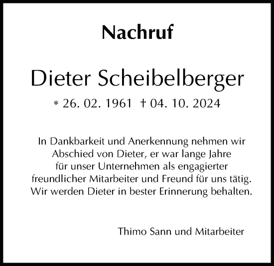 Traueranzeige von Dieter Scheibelberger von Giessener Allgemeine, Alsfelder Allgemeine