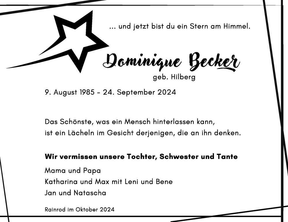  Traueranzeige für Dominique Becker vom 09.10.2024 aus Kreis-Anzeiger