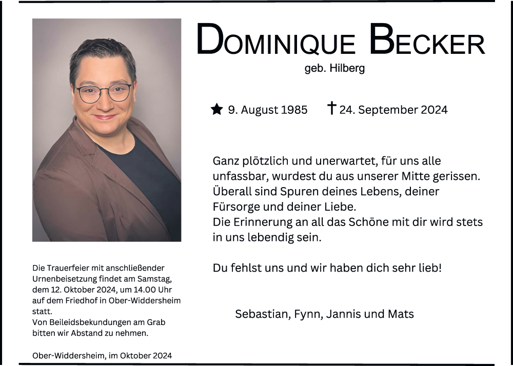  Traueranzeige für Dominique Becker vom 09.10.2024 aus Kreis-Anzeiger