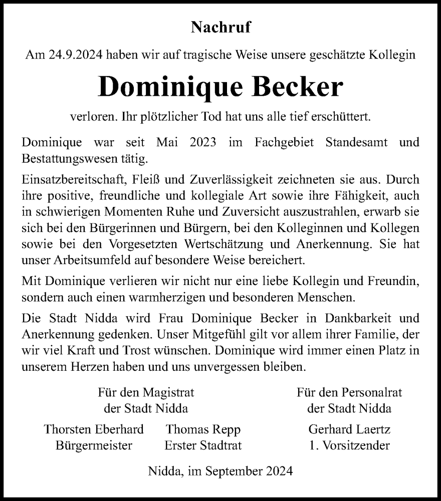  Traueranzeige für Dominique Becker vom 09.10.2024 aus Kreis-Anzeiger