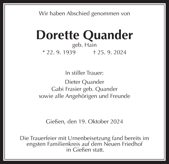 Traueranzeige von Dorette Quander von Giessener Allgemeine, Alsfelder Allgemeine