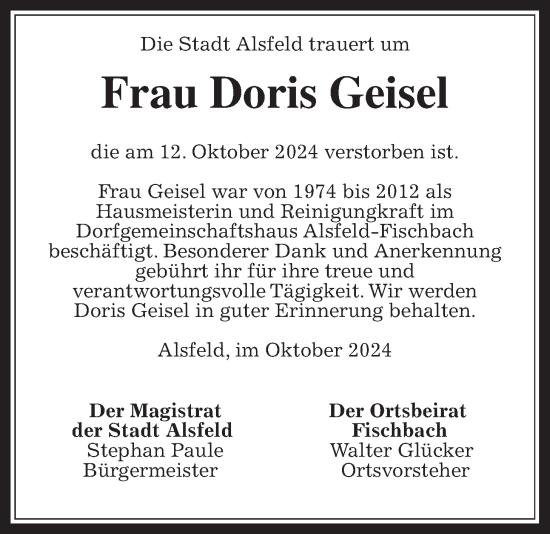 Traueranzeige von Doris Geisel von Alsfelder Allgemeine, Oberhessische Zeitung