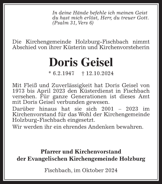 Traueranzeige von Doris Geisel von Oberhessische Zeitung