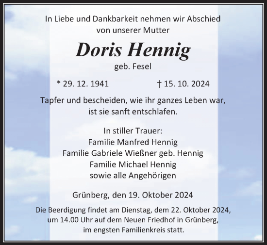 Traueranzeige von Doris Hennig von Giessener Allgemeine, Alsfelder Allgemeine