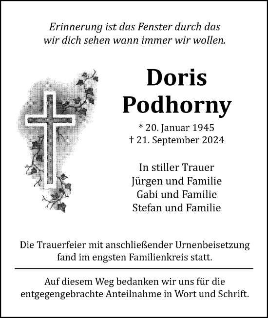 Traueranzeige von Doris Podhorny von Butzbacher Zeitung