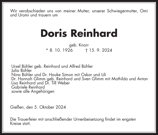 Traueranzeige von Doris Reinhard von Giessener Allgemeine, Alsfelder Allgemeine