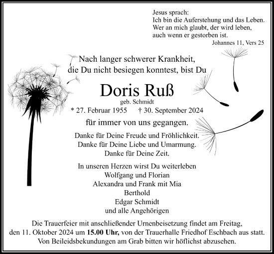 Traueranzeige von Doris Ruß von Usinger Anzeiger