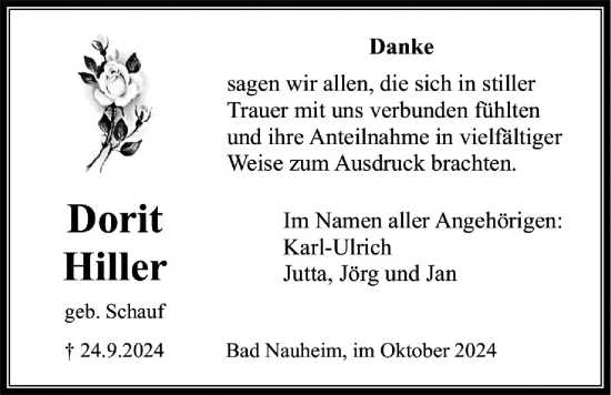 Traueranzeige von Dorit Hiller von Wetterauer Zeitung