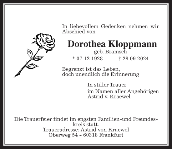 Traueranzeige von Dorothea Kloppmann von Wetterauer Zeitung