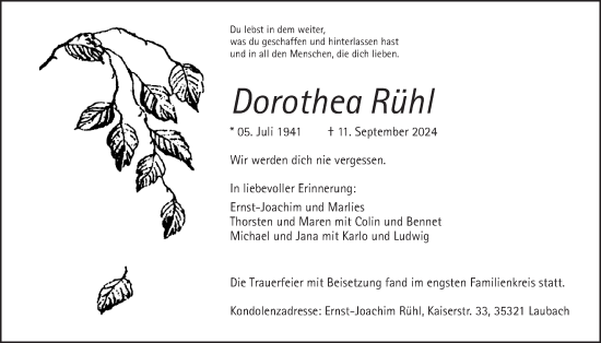 Traueranzeige von Dorothea Rühl von Laubacher Anzeiger, Giessener Anzeiger