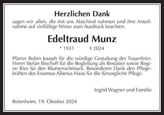 Traueranzeige von Edeltraud Munz von Wetterauer Zeitung