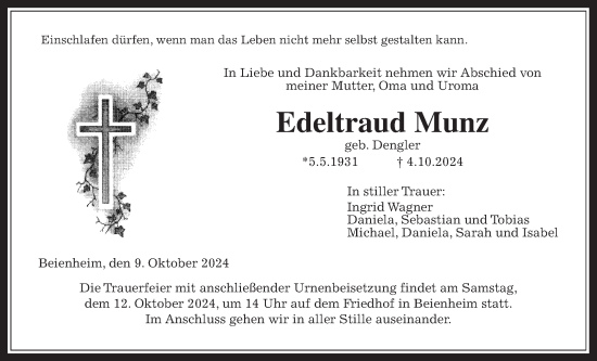 Traueranzeige von Edeltraud Munz von Wetterauer Zeitung