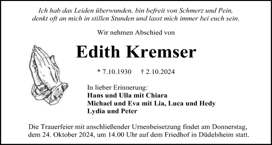Traueranzeige von Edith Kremser von Kreis-Anzeiger