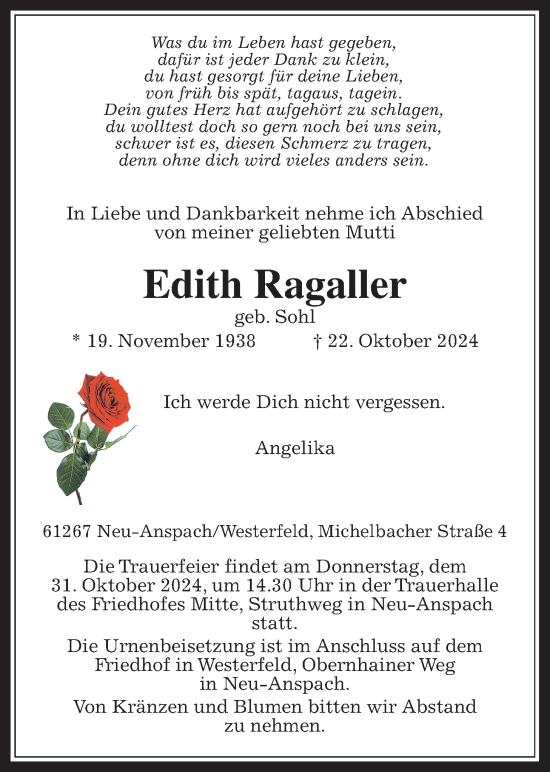 Traueranzeige von Edith Ragaller von Usinger Anzeiger