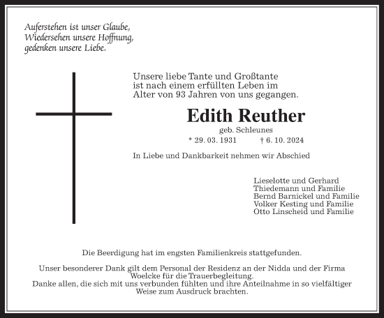 Traueranzeige von Edith Reuther von Kreis-Anzeiger