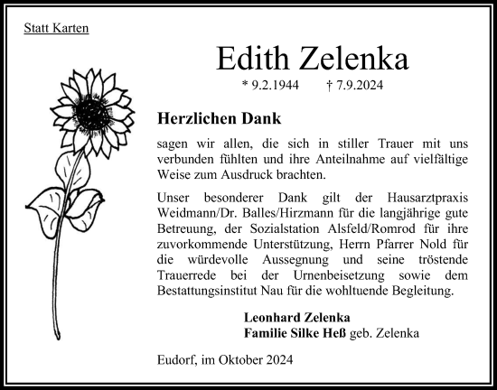 Traueranzeige von Edith Zelenka von Oberhessische Zeitung