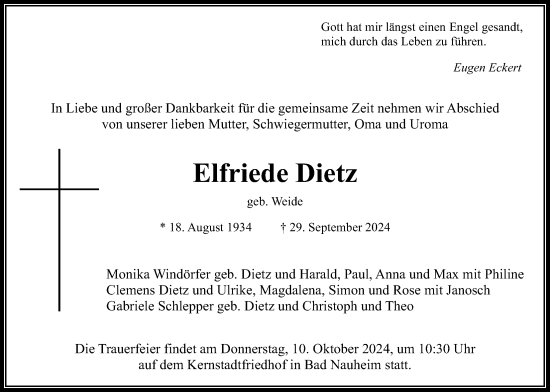 Traueranzeige von Elfriede Dietz von Wetterauer Zeitung