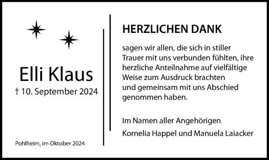 Traueranzeige von Elfriede Klaus von Giessener Allgemeine, Alsfelder Allgemeine, Pohlheimer Nachrichten