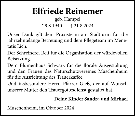 Traueranzeige von Elfriede Reinemer von Licher Wochenblatt