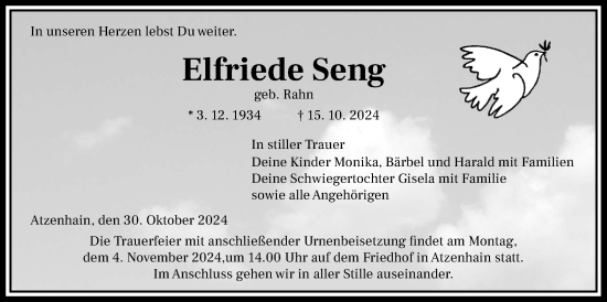 Traueranzeige von Elfriede Seng von Giessener Allgemeine, Alsfelder Allgemeine