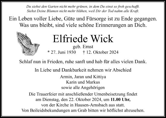 Traueranzeige von Elfriede Wick von Usinger Anzeigenblatt