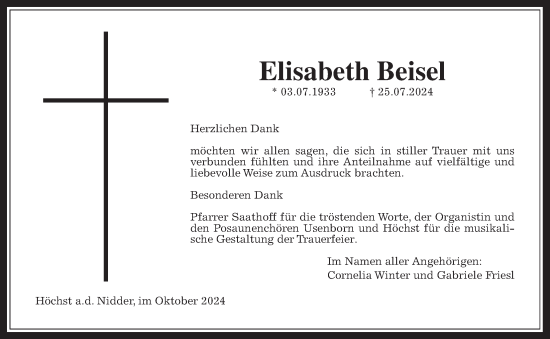 Traueranzeige von Elisabeth Beisel von Kreis-Anzeiger