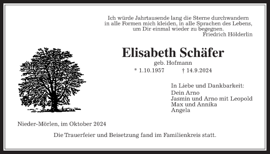 Traueranzeige von Elisabeth Schäfer von Wetterauer Zeitung