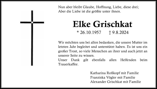 Traueranzeige von Elke Grischkat von Oberhessische Zeitung, Alsfelder Allgemeine