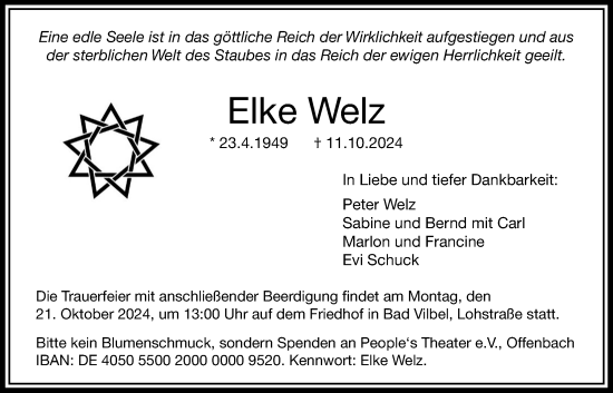 Traueranzeige von Elke Welz von Bad Vilbel/Karben