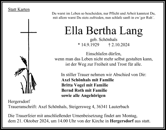 Traueranzeige von Ella Bertha Lang von Oberhessische Zeitung, 