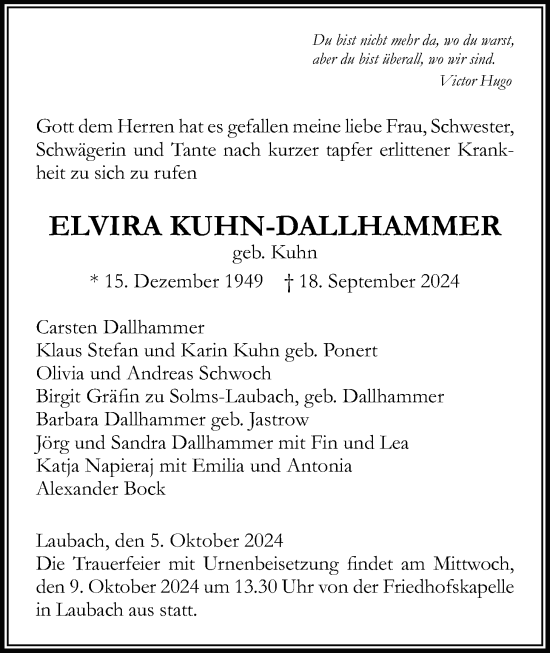 Traueranzeige von Elvira Kuhn-Dallhammer von Giessener Allgemeine, Alsfelder Allgemeine