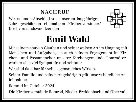 Traueranzeige von Emil Wald von Oberhessische Zeitung, 