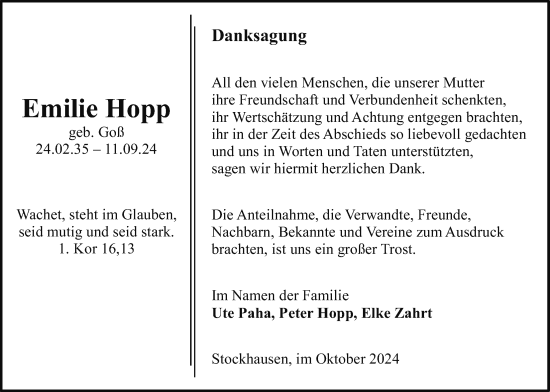 Traueranzeige von Emilie Hopp von Giessener Allgemeine, Alsfelder Allgemeine, Giessener Anzeiger