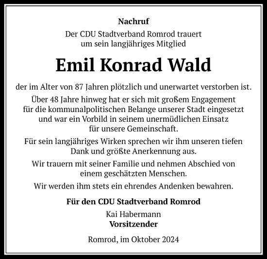 Traueranzeige von Emil Konrad Wald von Oberhessische Zeitung