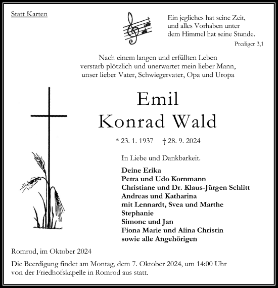 Traueranzeige von Emil Konrad Wald von Oberhessische Zeitung