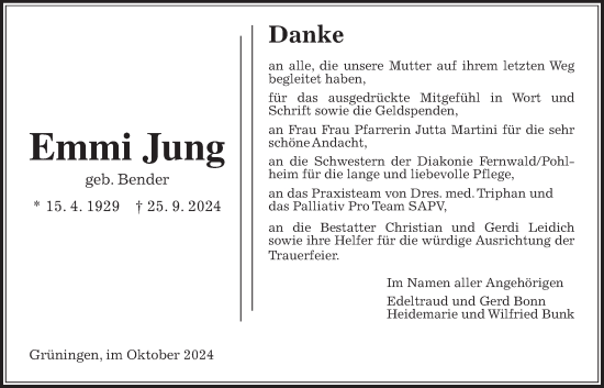Traueranzeige von Emmi Jung von Pohlheimer Nachrichten