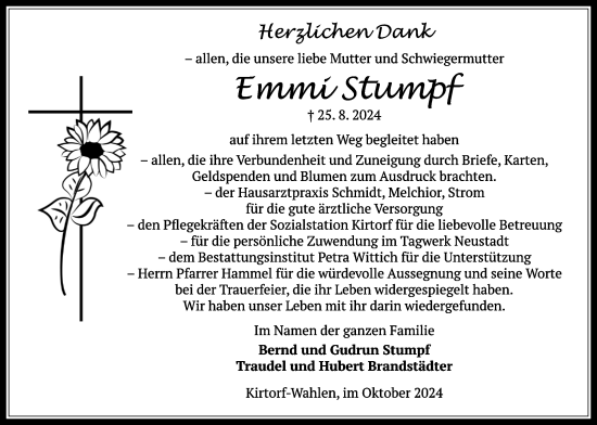 Traueranzeige von Emmi Stumpf von Oberhessische Zeitung