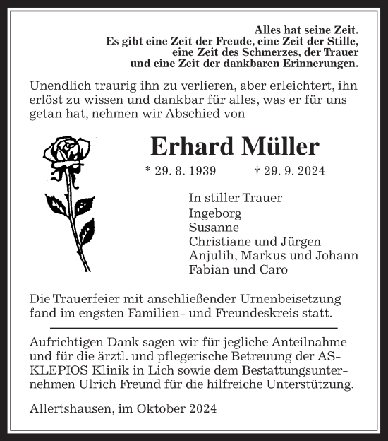 Traueranzeige von Erhard Müller von Giessener Anzeiger, Giessener Allgemeine, Alsfelder Allgemeine