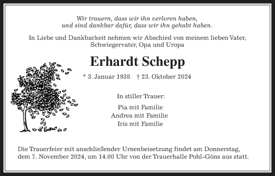 Traueranzeige von Erhardt Schepp von Butzbacher Zeitung